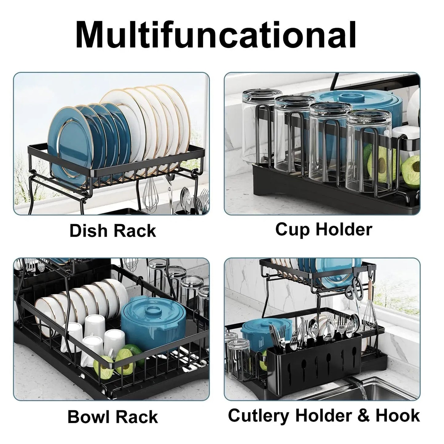 2-Tier Dish Drying Rack with Drainboard – Stainless Steel Kitchen Organizer for Countertop, Utensils & Cups