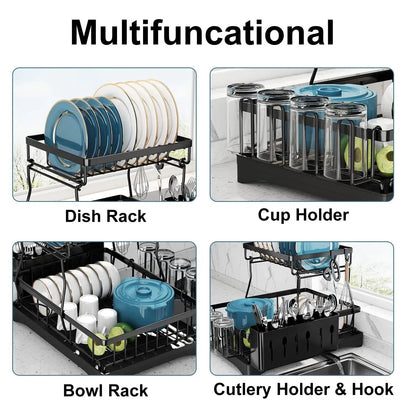 2-Tier Dish Drying Rack with Drainboard – Stainless Steel Kitchen Organizer for Countertop, Utensils & Cups