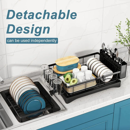 2-Tier Dish Drying Rack with Drainboard – Stainless Steel Kitchen Organizer for Countertop, Utensils & Cups