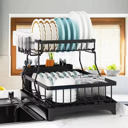 2-Tier Dish Drying Rack with Drainboard – Stainless Steel Kitchen Organizer for Countertop, Utensils & Cups