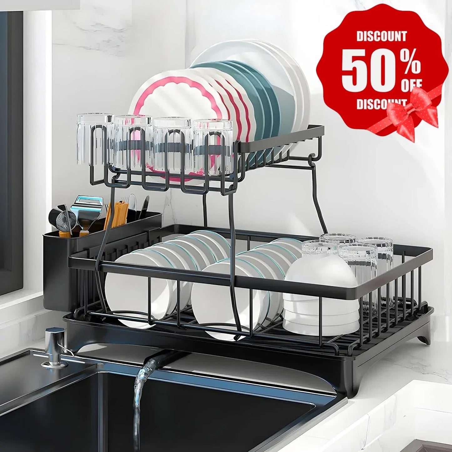 2-Tier Dish Drying Rack with Drainboard – Stainless Steel Kitchen Organizer for Countertop, Utensils & Cups